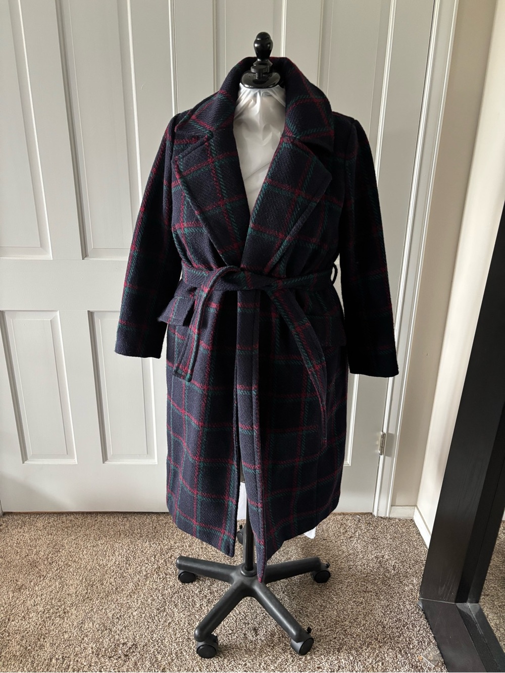 Eloquii Navy Plaid Wrap Trench Coat with Burgundy & Teal Accents